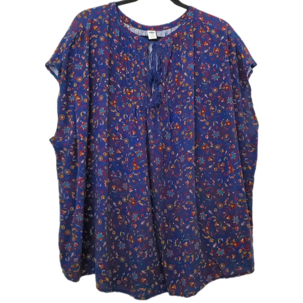 3X Old Navy Sleeveless Cocoon Blouse in Navy Blue Floral Print with Tassel Ties